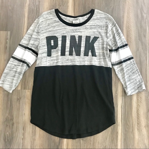 PINK Victoria's Secret Tops - VS PINK Grey Black and White 3/4 Sleeve Tee